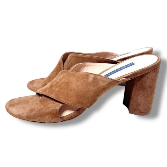 Stuart Weitzman Chestnut Brown Suede Galene Slip On Heeled Mules Women’s Size 9M - Picture 1 of 9